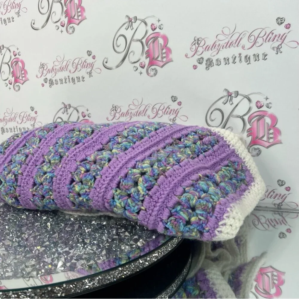 Blanket knit crochet cotton candy color Purple and Multicolor Crochet